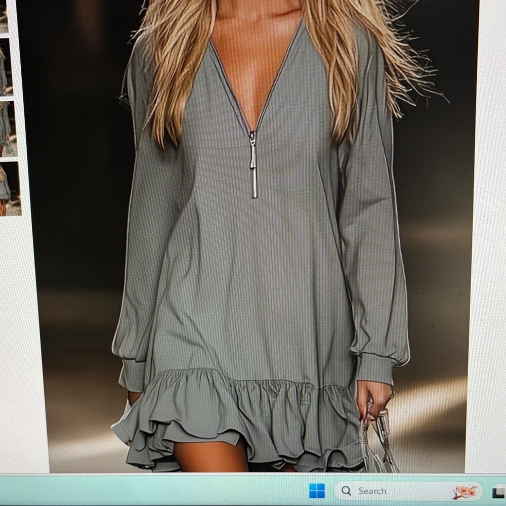 Ruffle Hem Zip Front Long Sleeve Mini Dress - Sage Green Fits like Size M